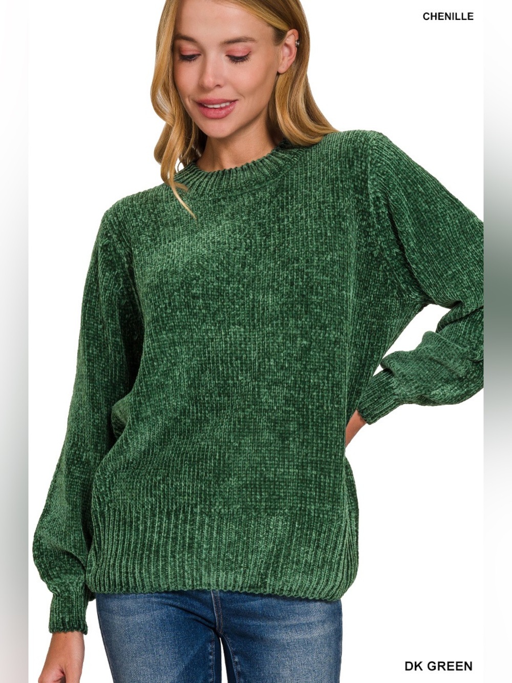 Zenana Cozy Chenille Crewneck Sweater - Green